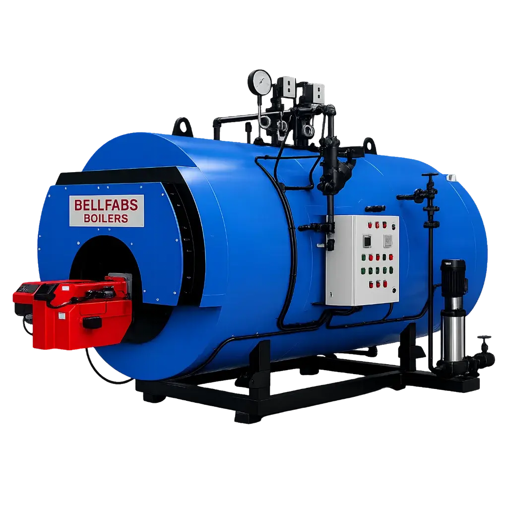 Bellfabs burner fired three-pass wet-back oil and gas steam boiler, 500 kg/hr to 25 TPH, IBR, supplied by Dhyami