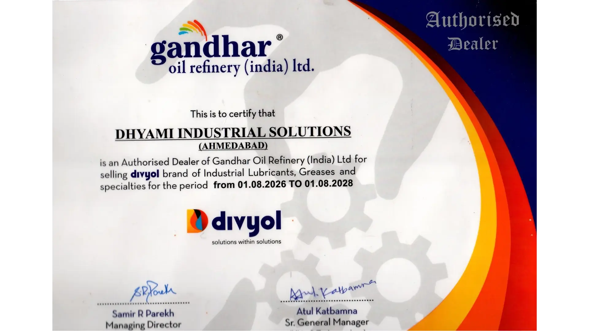 Gandhar Oil official dealer certificate awarded to Dhyami Industrial Solutions