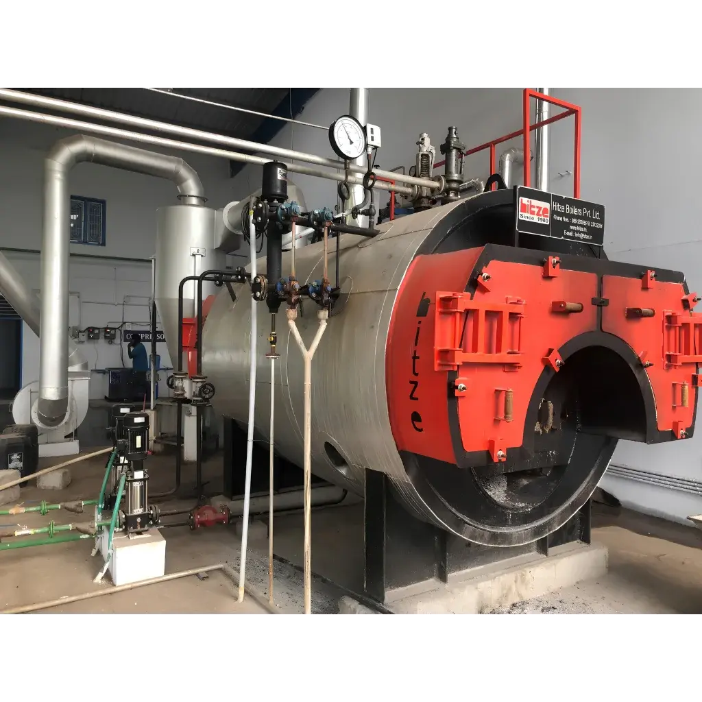 Hitze TITAN-1500 horizontal fire tube IBR certified 3-pass packaged steam boiler, 1500 kg/hr, supplied by Dhyami