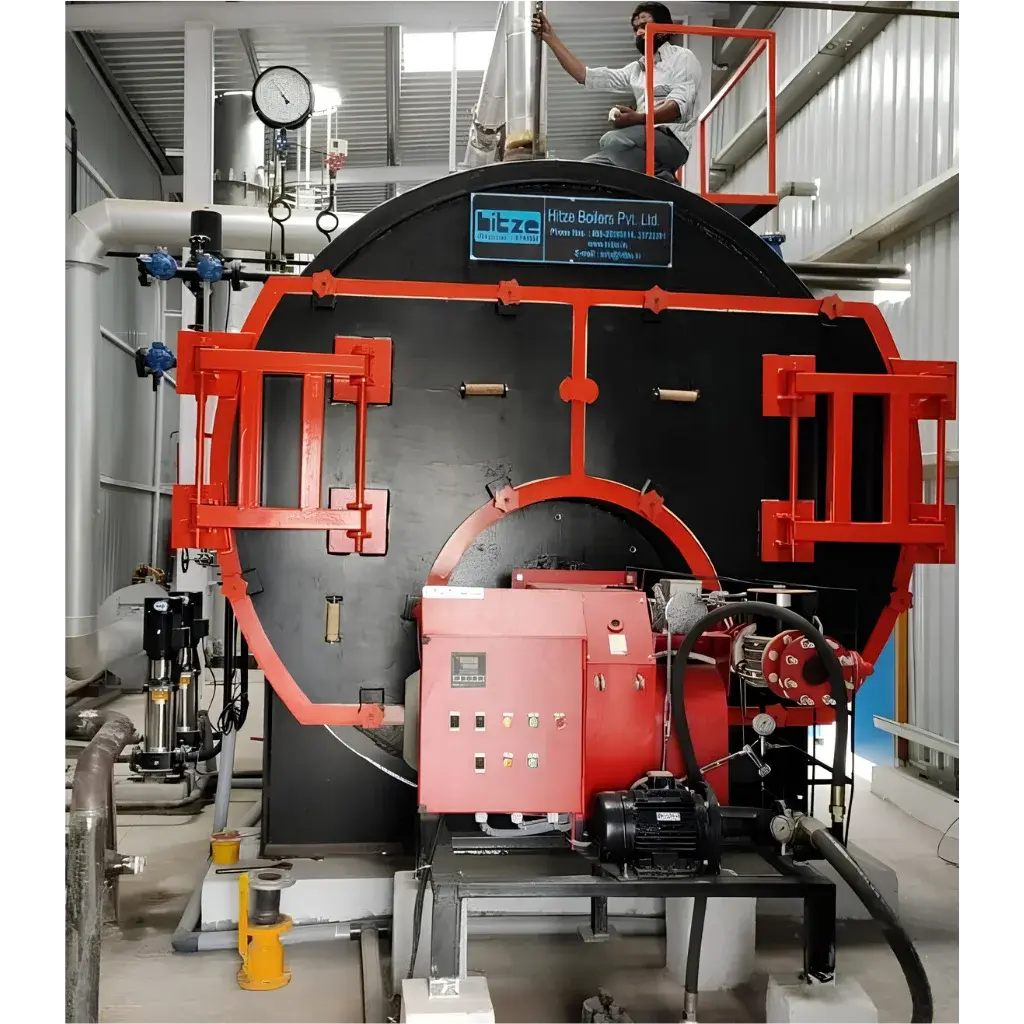 Hitze TITAN-5000 horizontal fire tube IBR certified 3-pass packaged steam boiler, 5000 kg/hr, supplied by Dhyami