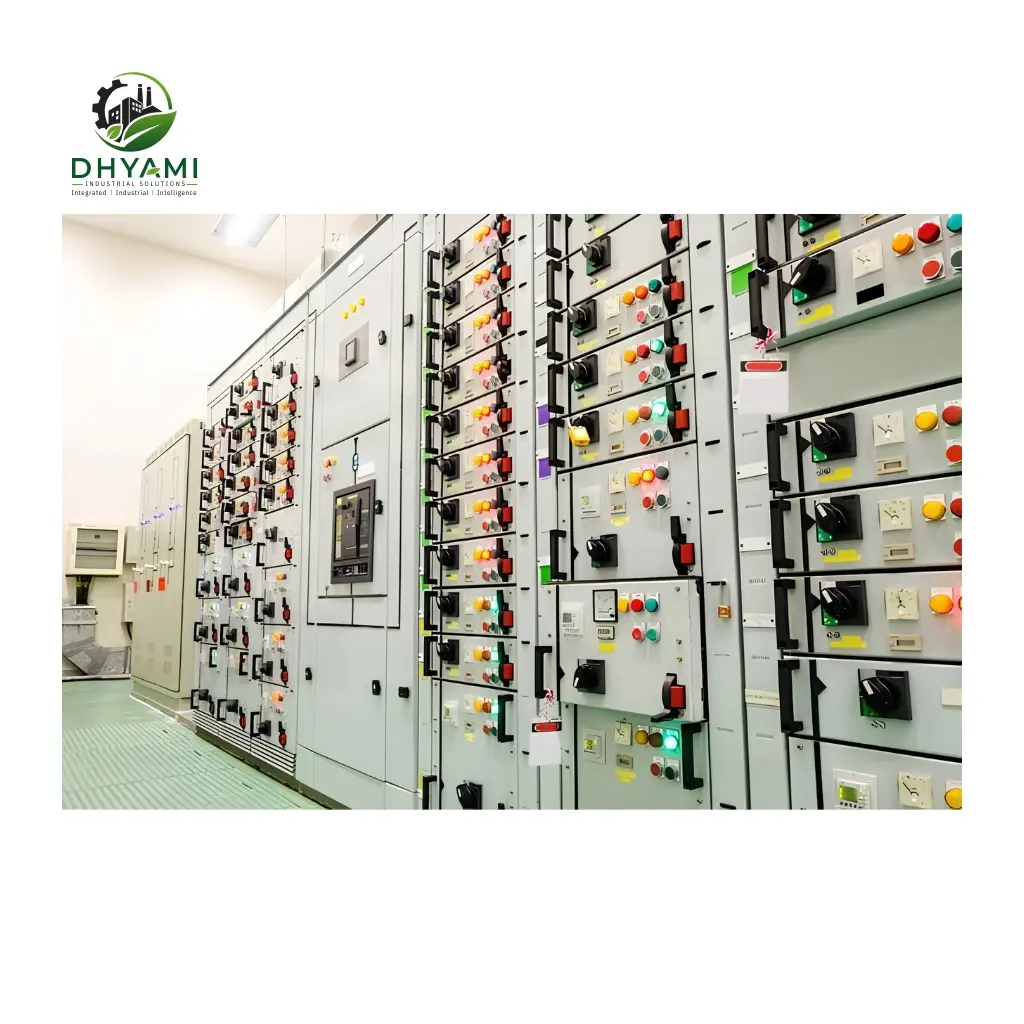 Industrial control panel by Dhyami in a powder-coated enclosure with MCCB, contactors and meters for motor control