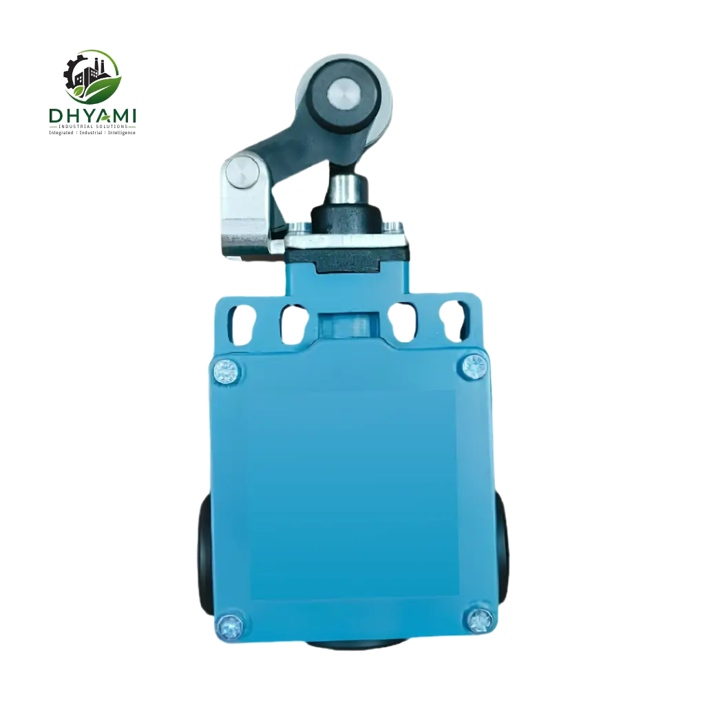 Limit switch by Dhyami with roller lever and metal body used to detect machine position in industrial automation