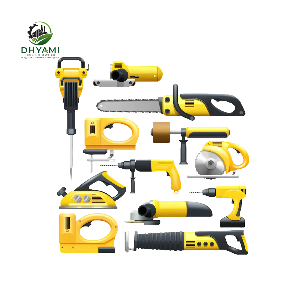 Industrial power tools by Dhyami including drill, grinder and impact wrench used for drilling, grinding and fastening