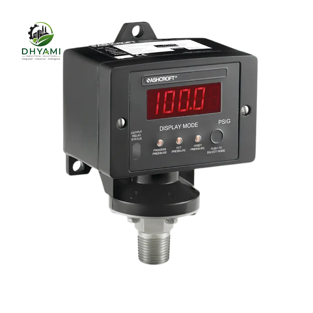 Pressure switch by Dhyami with adjustable set point and metal body used to control pumps and compressors automatically