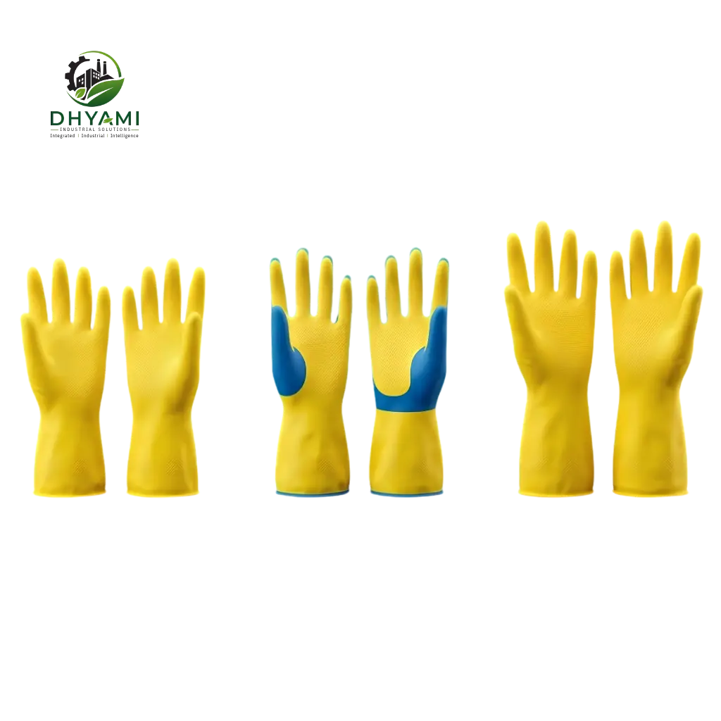 Household rubber gloves by Dhyami with flock lining and textured grip used for cleaning and washroom tasks