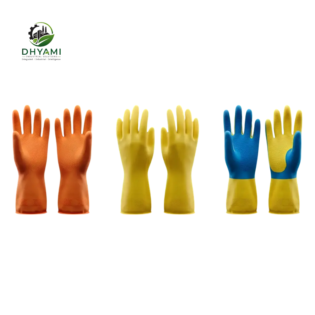 Industrial safety gloves by Dhyami in rubber and fabric used for general purpose hand protection in factories