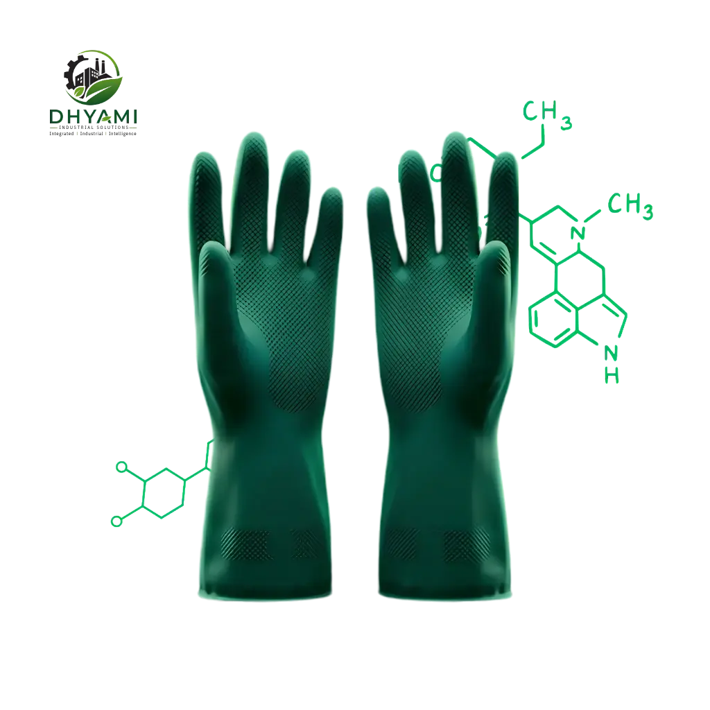 Nitrile gloves by Dhyami in black powder-free rubber used for handling chemicals, oils and industrial materials