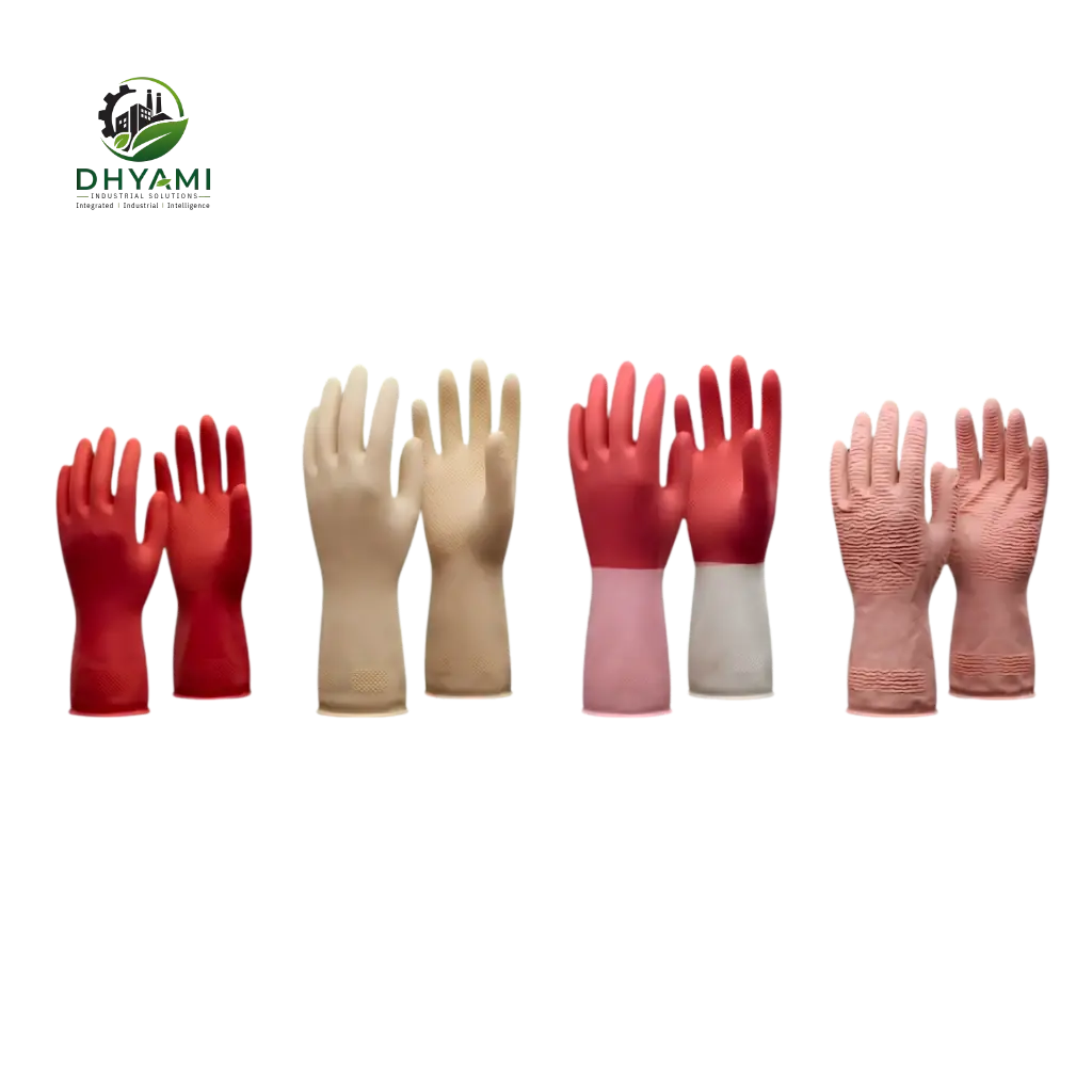 Unlined rubber gloves by Dhyami with smooth interior used for wet handling and chemical process work