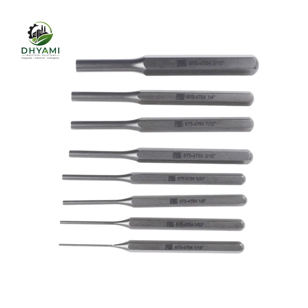 Punch set by Dhyami in hardened chrome vanadium steel used for marking, punching holes and removing pins