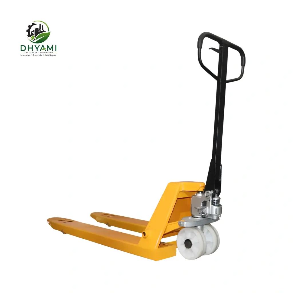 Pallet jack by Dhyami, a manual hydraulic hand pallet truck used to lift and move loaded pallets in warehouses