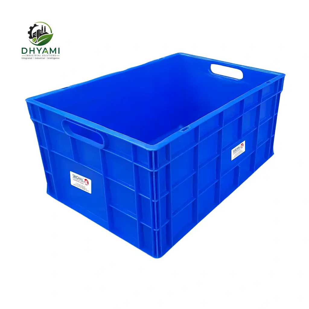 Plastic crate by Dhyami in HDPE, stackable and foldable, used for storage and transport of goods