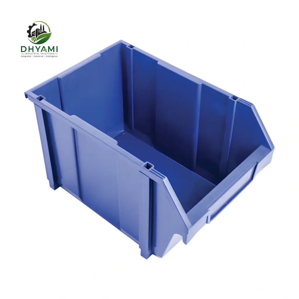 Industrial storage bin by Dhyami in stackable HDPE plastic used to store small parts and components on racking