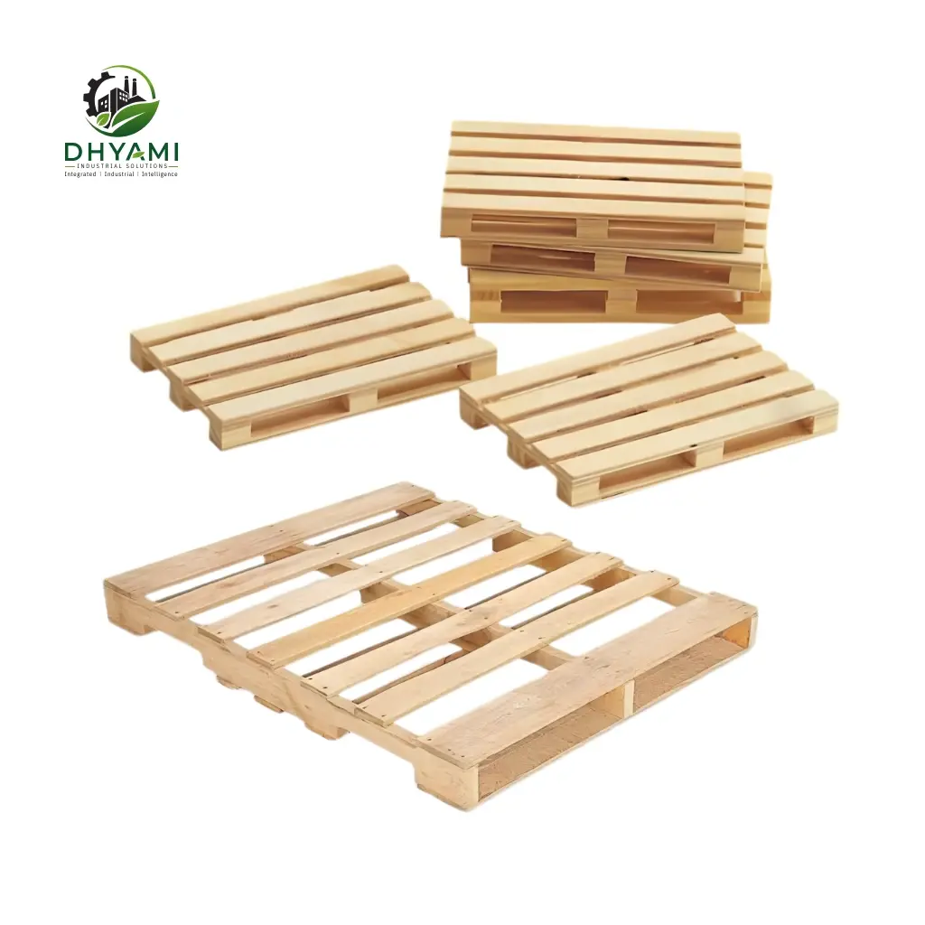 Wooden pallet by Dhyami in pine and hardwood with 4-way entry used for storage and transportation of goods