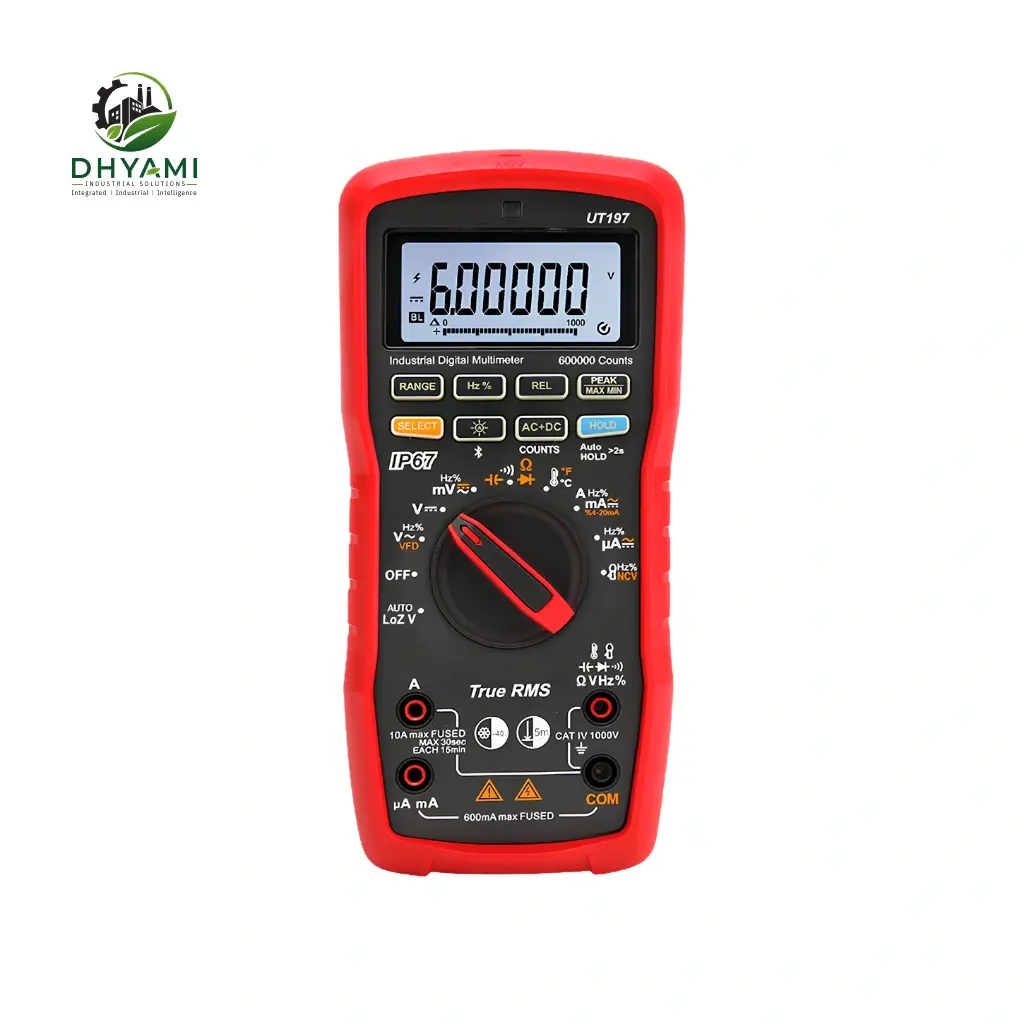 Digital multimeter by Dhyami with LCD display used to measure AC and DC voltage, current and resistance