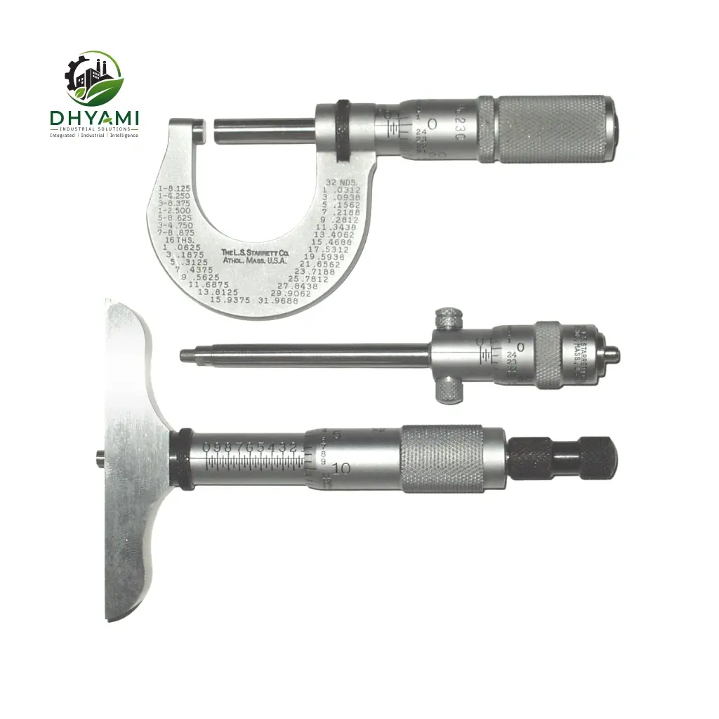 Micrometer by Dhyami in stainless steel, outside type, used for high-precision dimensional measurement
