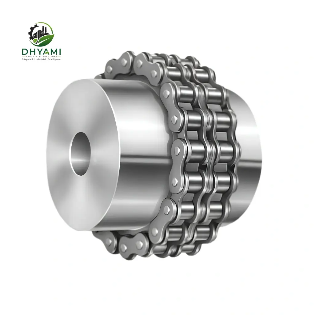 Chain coupling by Dhyami with double-row roller chain over sprockets used for medium duty shock-absorbing shaft drives