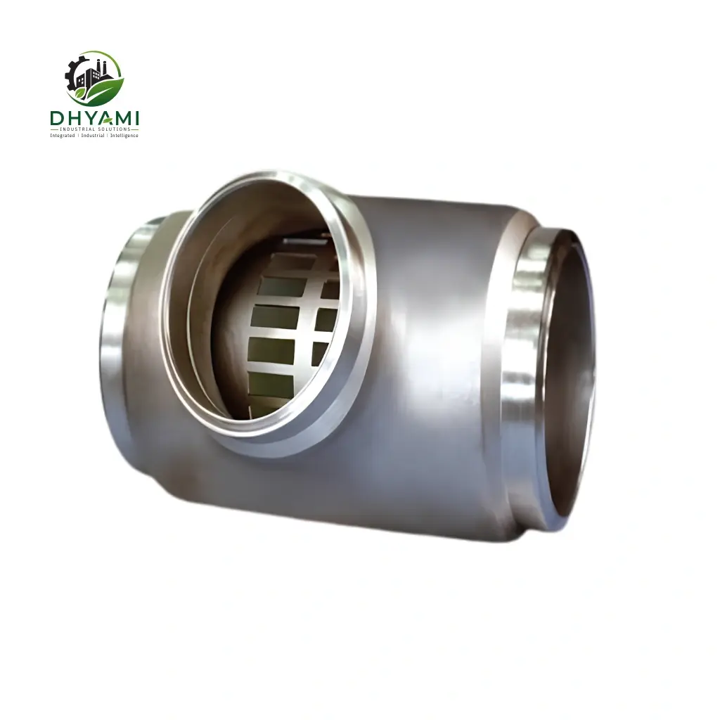 Barred tee by Dhyami in carbon steel with internal strainer bars used to guide cleaning pigs in pipelines