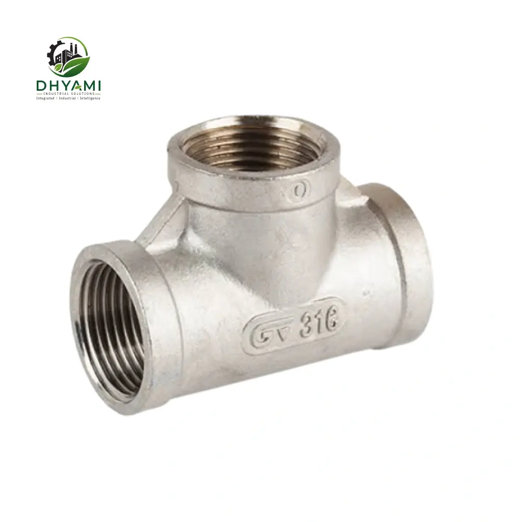 Equal tee by Dhyami in stainless steel, buttweld type, used to branch a pipeline into an equal size run