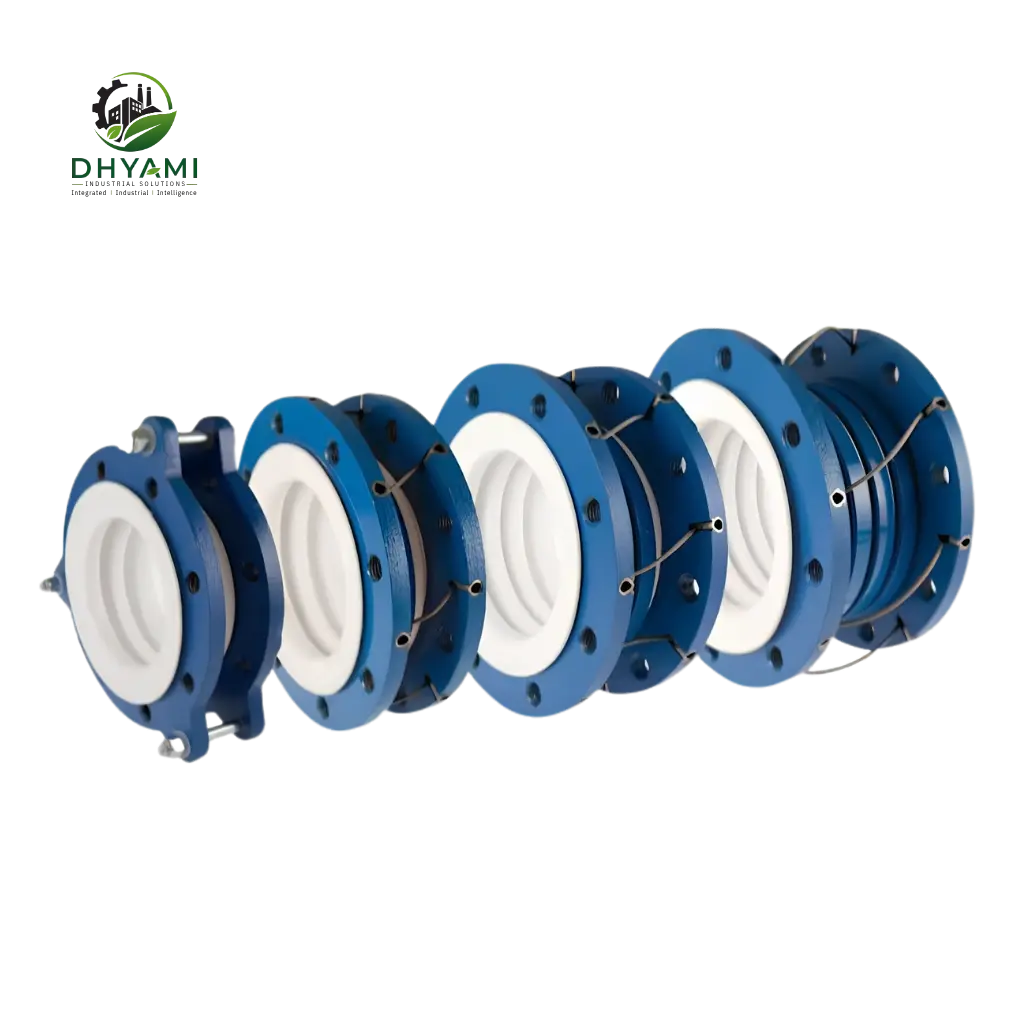 PTFE expansion joint by Dhyami with reinforced PTFE bellows and flanged ends used for corrosive chemical pipelines