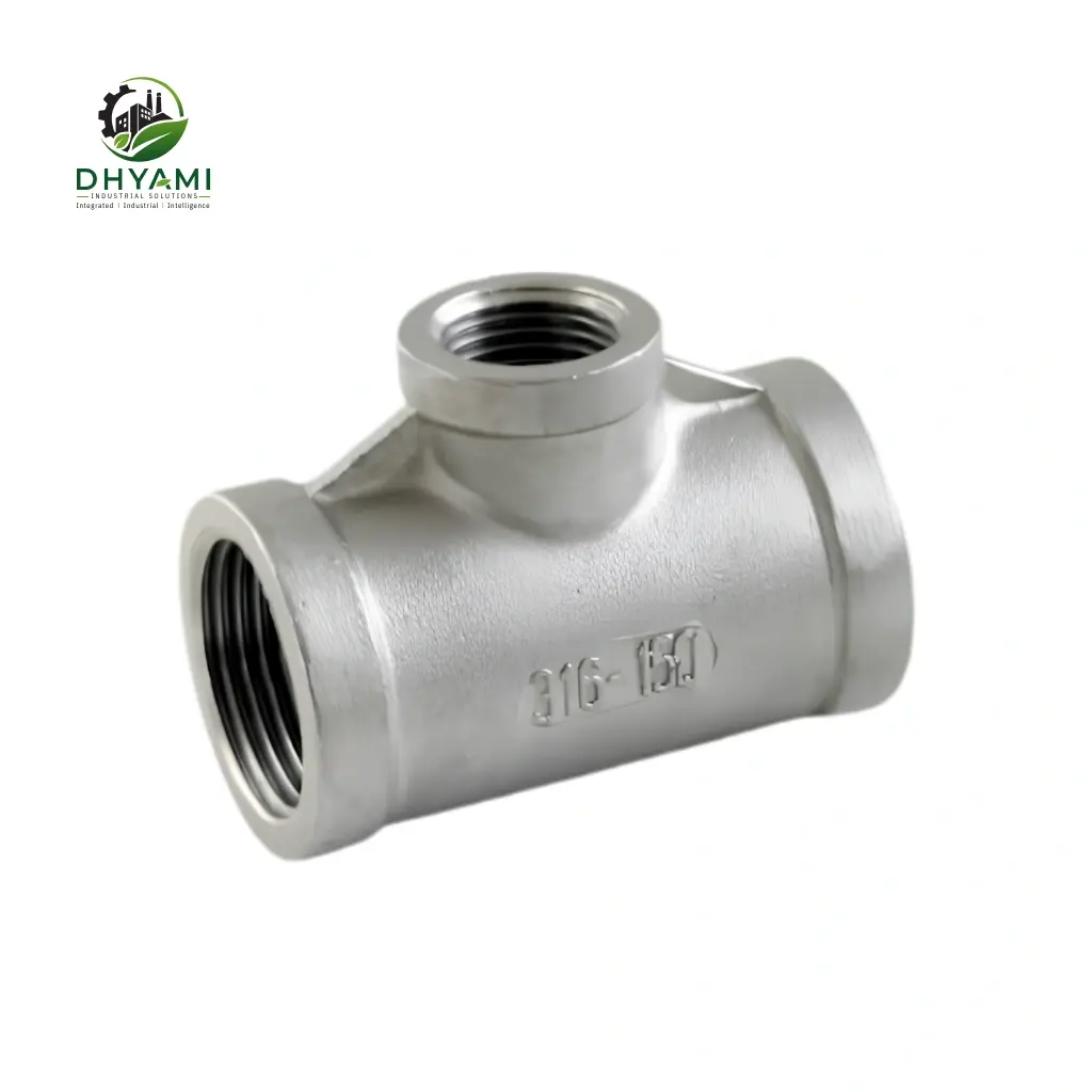 Reducing tee by Dhyami in stainless steel, buttweld type, used to branch a pipeline into a smaller size run
