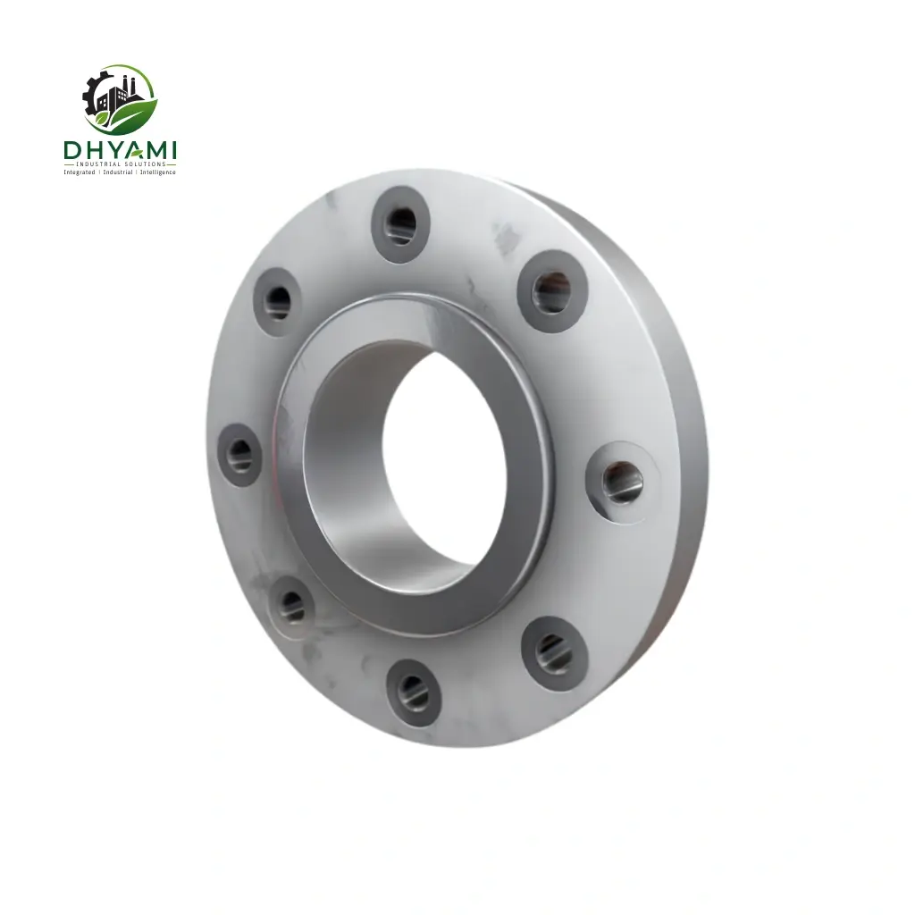 Slip-on flange by Dhyami in carbon steel with raised face, slides over the pipe and is welded on both sides
