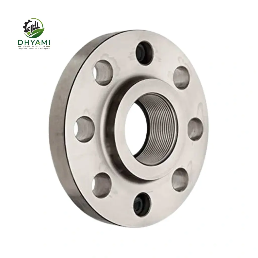 Threaded flange by Dhyami in stainless steel with NPT threads used for weld-free pipe joints on gas and low-pressure lines