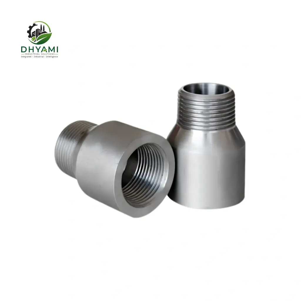 Threaded reducer by Dhyami in stainless steel with NPT threads used to join two different pipe sizes without welding