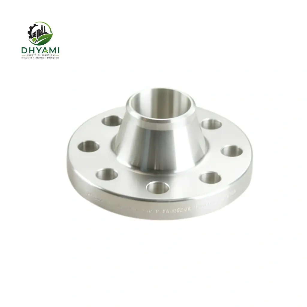 Weld neck flange by Dhyami in carbon steel with raised face and tapered hub used for high-pressure butt weld pipe joints