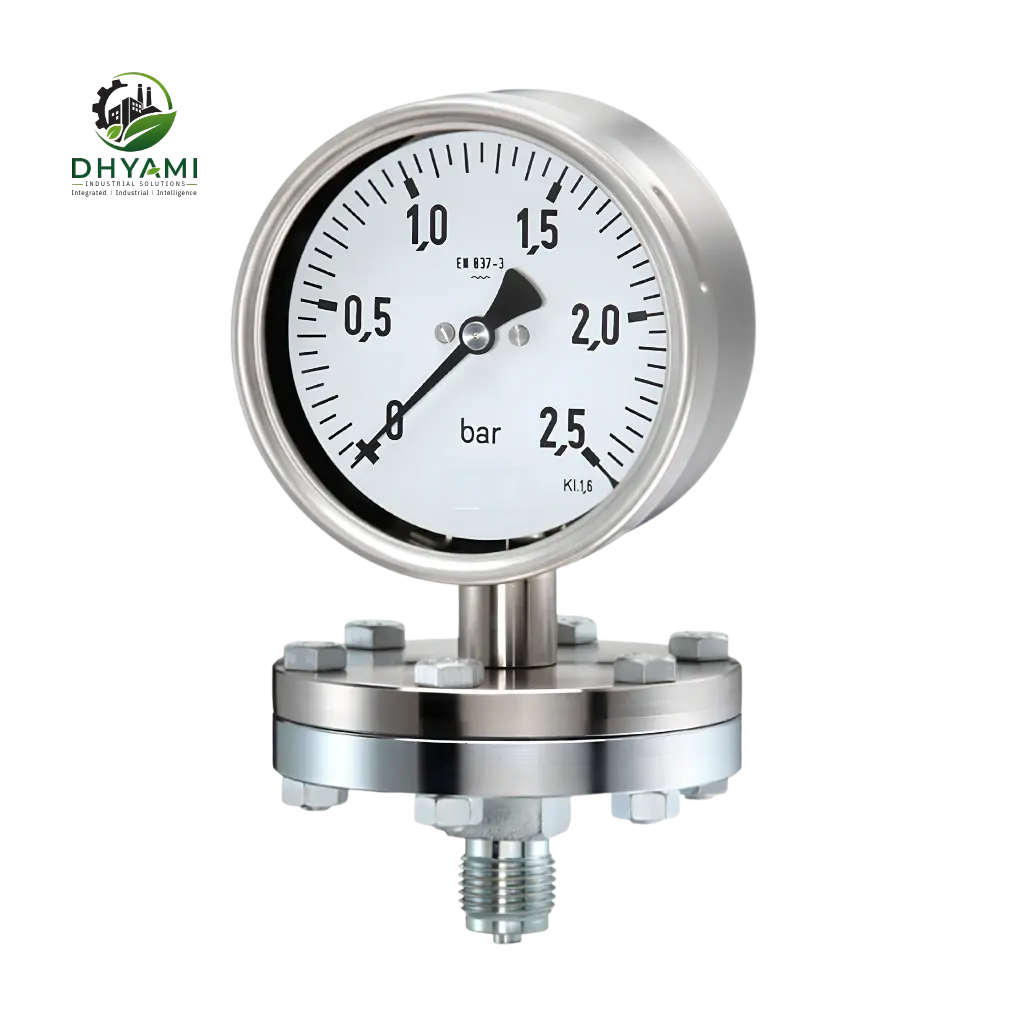 Diaphragm seal pressure gauge by Dhyami with SS316 body and flanged connection used to measure pressure in corrosive and slurry media