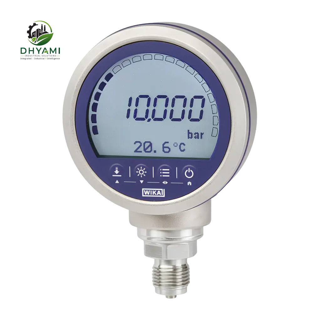 Digital pressure gauge by Dhyami with LCD display and stainless steel body used for precise industrial pressure measurement