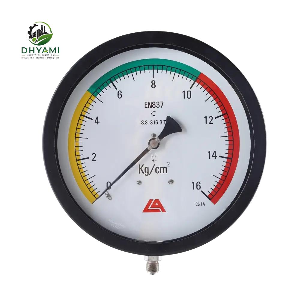 Pressure gauge by Dhyami with a stainless steel case and dial face used to measure industrial process pressure
