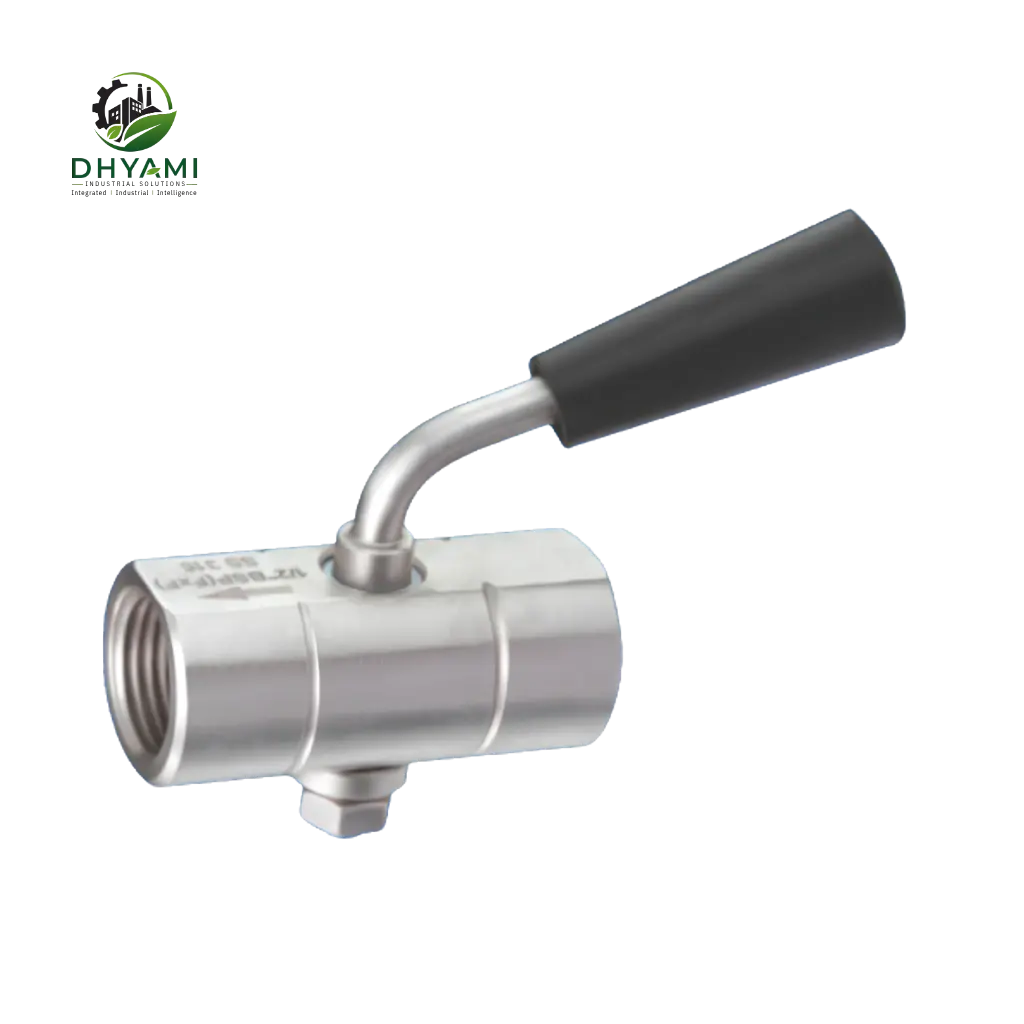 Stainless steel gauge cock by Dhyami with lever operation and threaded connection used to isolate a pressure gauge