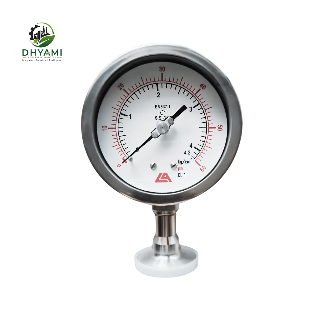 Tri-Clover sanitary pressure gauge by Dhyami with SS316 body and TC ferrule connection used in food and pharma process lines