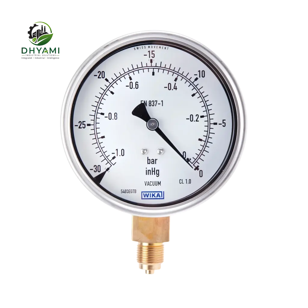 Vacuum Gauge by Dhyami with SS304 body and compound dial reading both pressure and vacuum for industrial systems