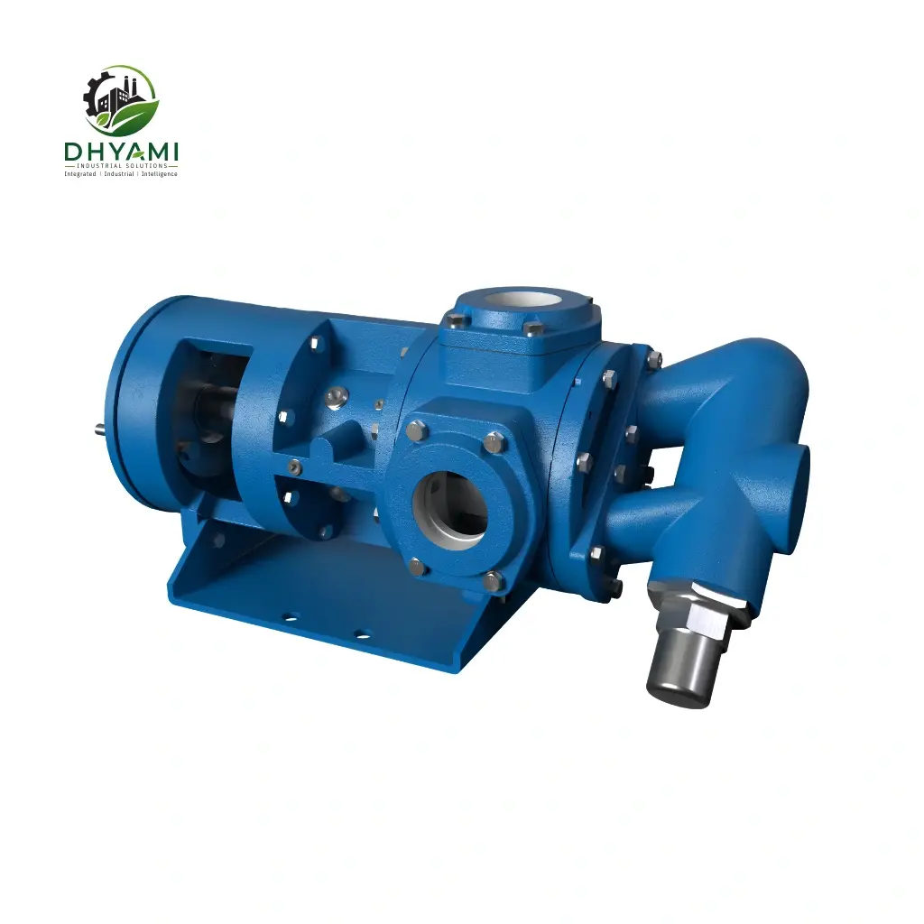 Gear pump by Dhyami with cast iron body and motor drive used for transferring viscous oils and chemicals