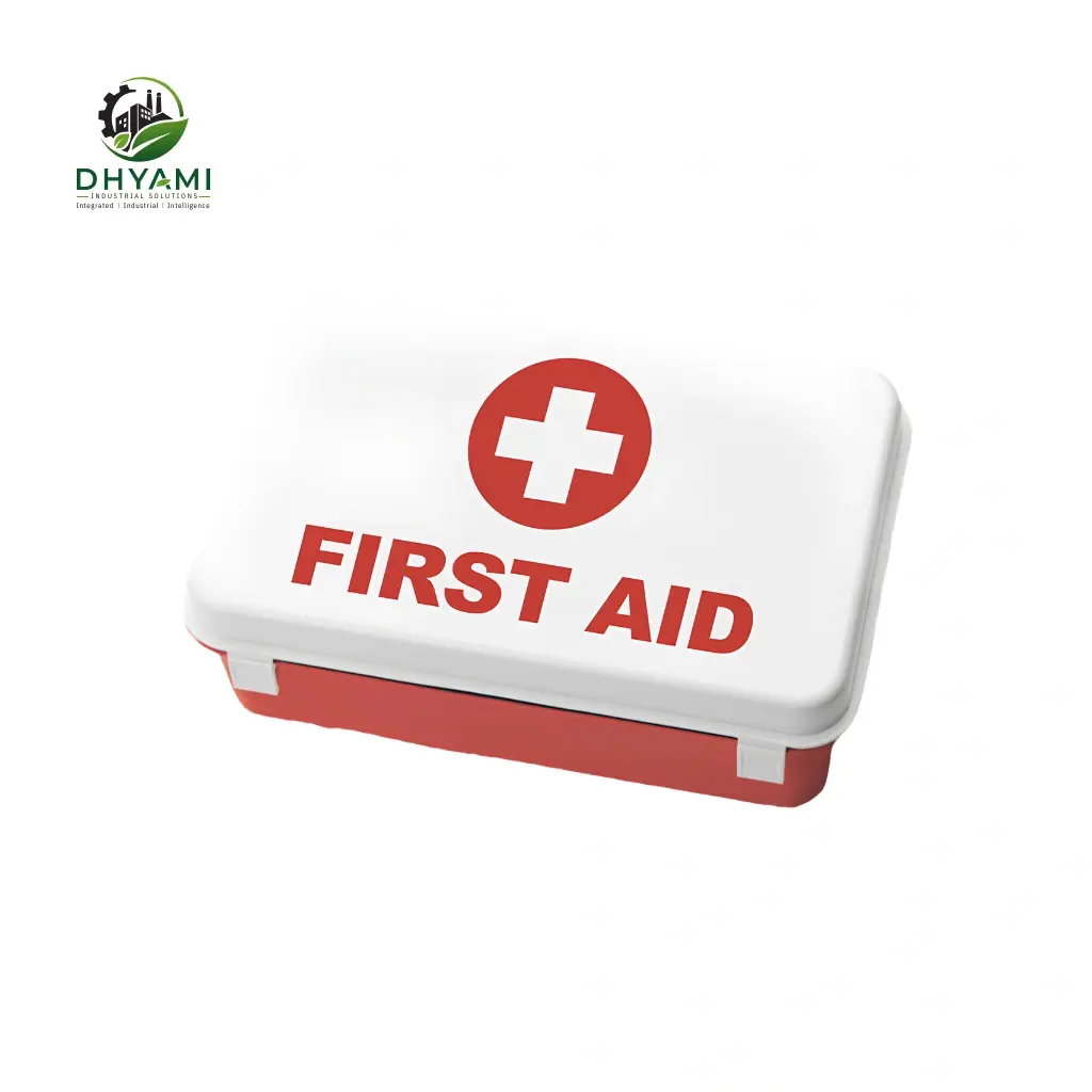First aid kit by Dhyami in an ABS plastic case with bandages and dressings used for emergency medical response at the workplace