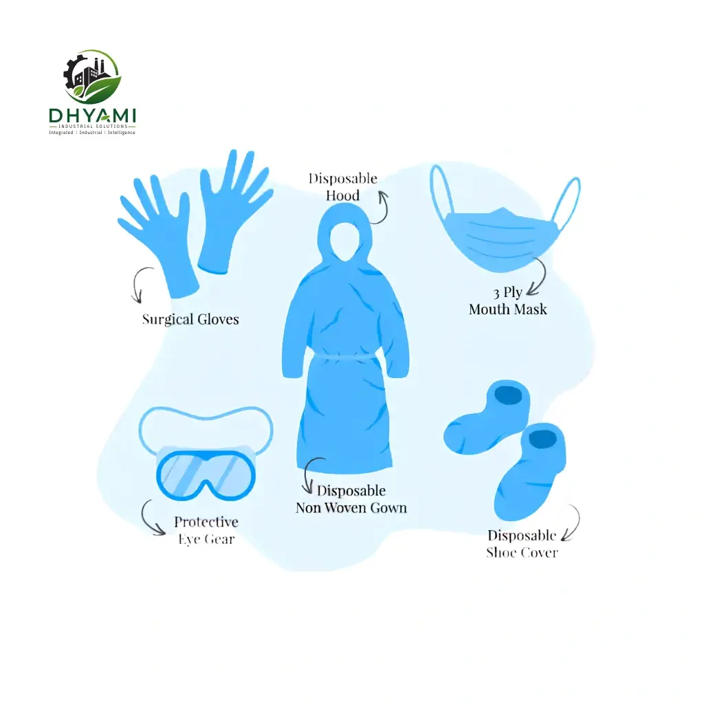 PPE kit by Dhyami with helmet, safety shoes, gloves, goggles and reflective jacket used for personal protection at the worksite