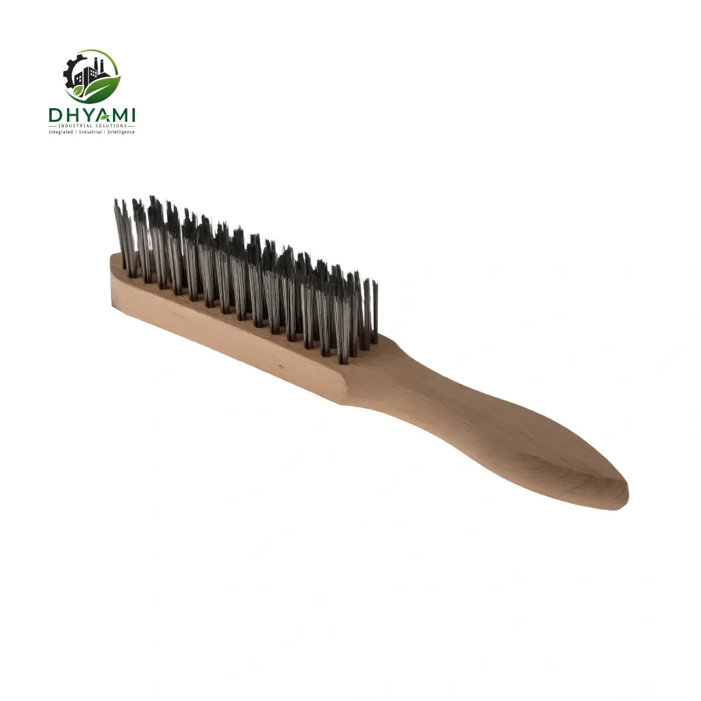 Wire brush by Dhyami with carbon steel bristles and wooden handle used for rust and scale removal on metal surfaces