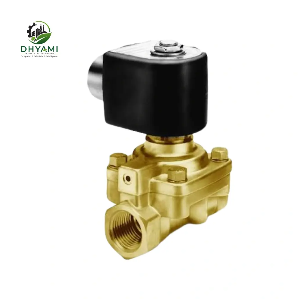 2 way solenoid valve by Dhyami with brass body and electric coil used for automatic on-off flow control in fluid lines