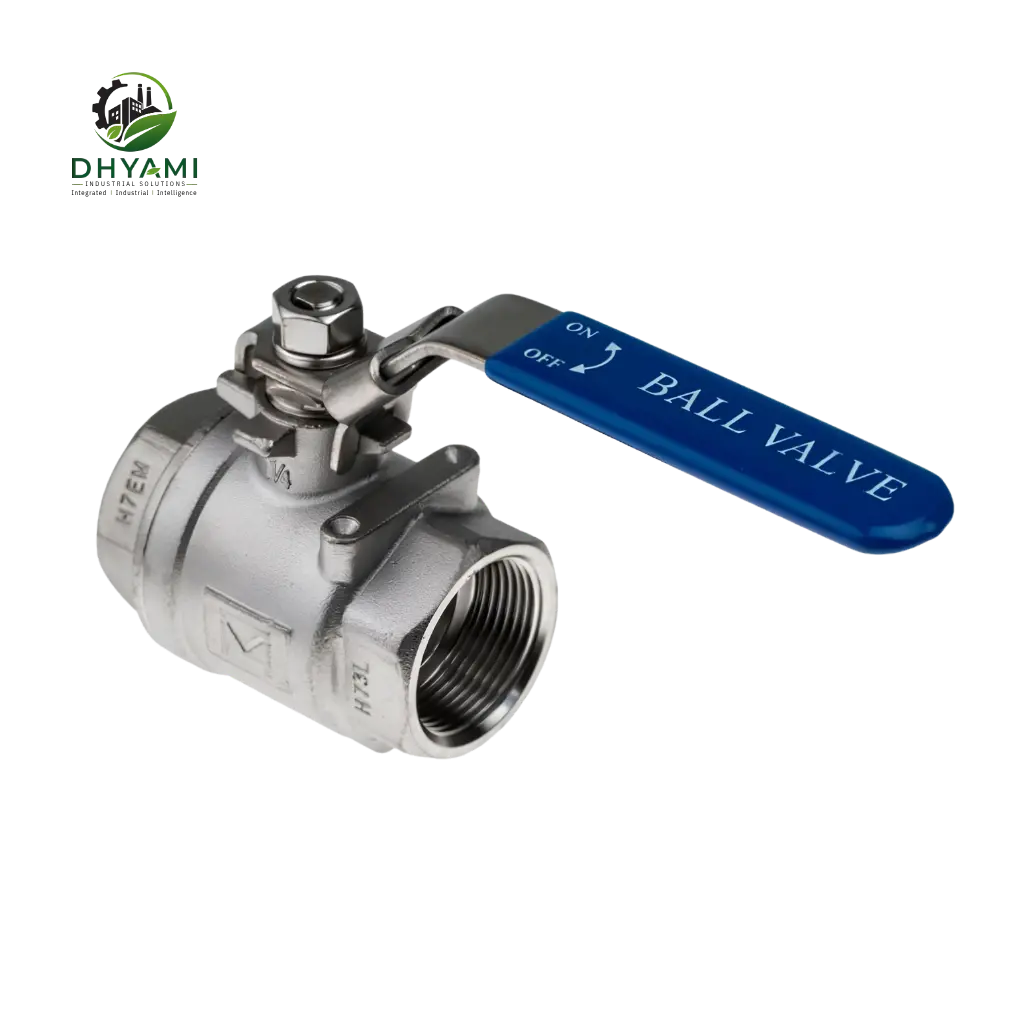 Ball valve by Dhyami with stainless steel body and lever operation used for quarter-turn shut-off in industrial pipelines