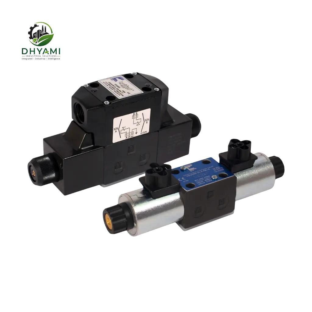 Direction control valve by Dhyami with aluminium body and solenoid operation used to switch flow in pneumatic circuits