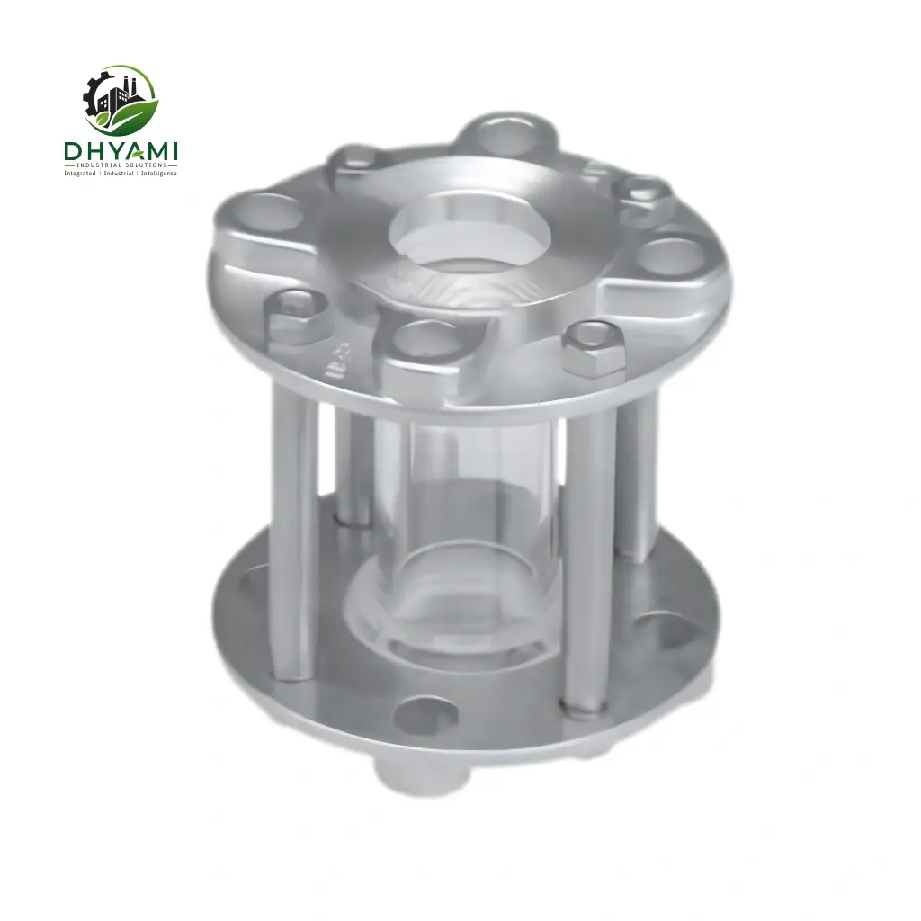 Full view bull's eye sight glass valve by Dhyami with cast iron body and toughened glass giving a complete view of fluid flow