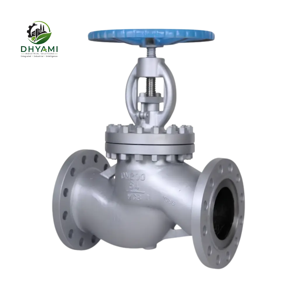 Globe valve by Dhyami with cast steel body and handwheel operation used for precise flow throttling in industrial pipelines