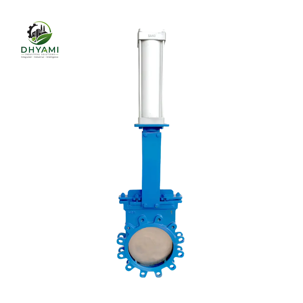 Knife edge gate valve by Dhyami with cast iron body and sharp blade used to cut through slurry and fibrous media