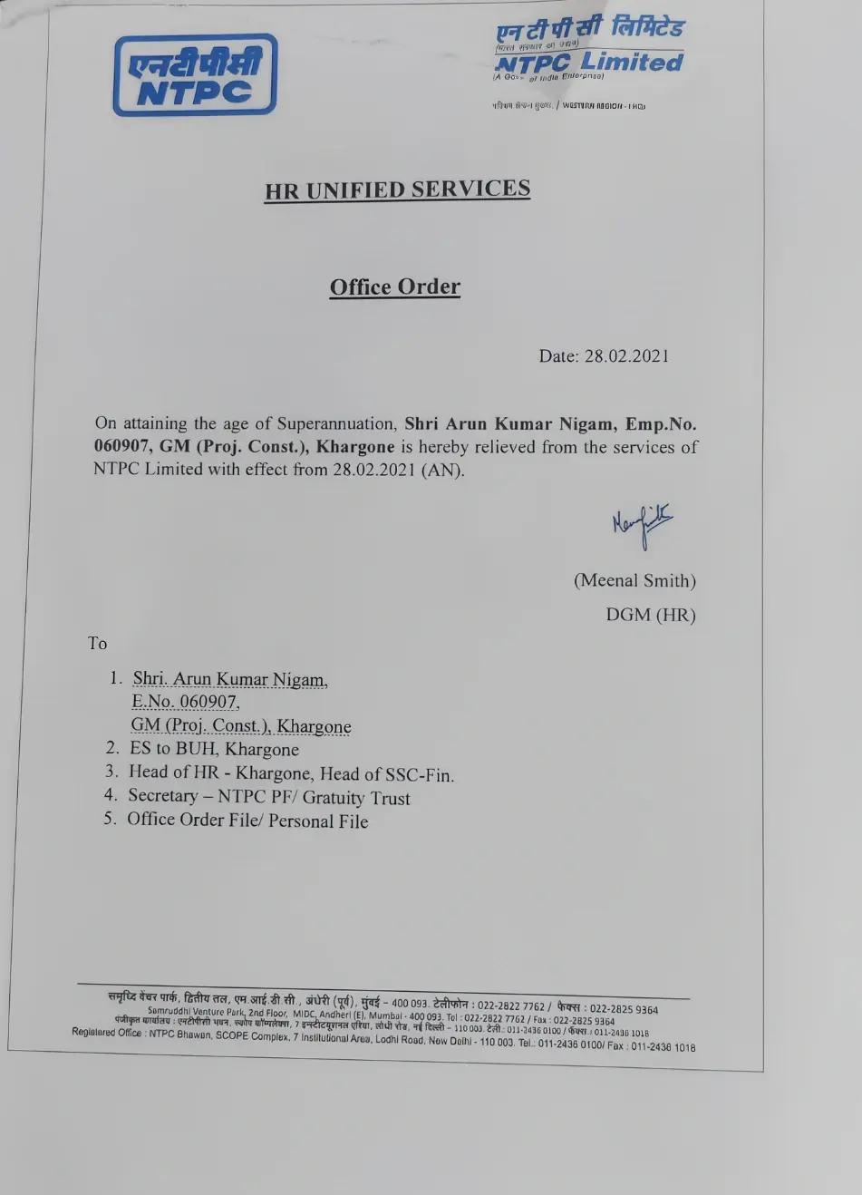 Office order certificate confirming Arun Kumar Nigam's service and release from NTPC Limited